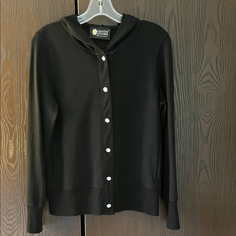 Christine Alexander long sleeved black, hooded jacket with rhinestone buttons, M
